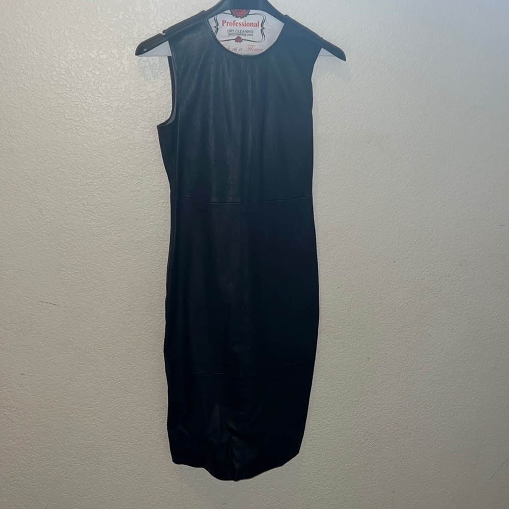 Blue leather size 2 Theory dress. This is a long mid dress under the knee.